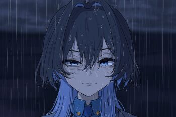 1girl absurdres aquaticlettuce bags_under_eyes black_hair blue_eyes blue_hair chainsaw_man closed_mouth hair_intakes highres hololive hololive_english multicolored_hair night official_alternate_costume ouro_kronii ouro_kronii_(4th_costume) outdoors rain scene_reference solo two-tone_hair virtual_youtuber