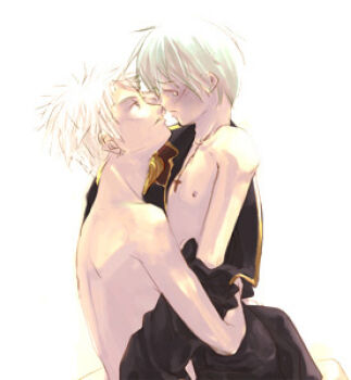 Rule 34 | 2boys, assassin (ragnarok online), black coat, closed eyes, coat, commentary request, cross, cross necklace, dated commentary, green hair, hug, jewelry, lowres, male focus, multiple boys, necklace, nipples, oomojiya, priest (ragnarok online), ragnarok online, short hair, undressing, upper body, white hair, yaoi