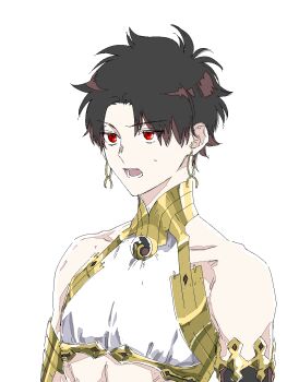 1boy armlet bare_shoulders black_hair crop_top earrings fate/grand_order fate_(series) genderswap genderswap_(ftm) gold_armlet gold_trim highres ishtar_(fate) jewelry looking_to_the_side open_mouth red_eyes solo sweatdrop teeth upper_body urup_zzz
