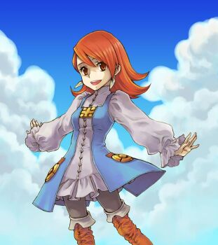 1girl :d blue_sky breasts cloud commentary_request dress earrings feet_out_of_frame final_fantasy final_fantasy_iii grey_pantyhose jewelry long_sleeves medium_breasts medium_hair open_mouth orange_eyes orange_hair pantyhose puffy_long_sleeves puffy_sleeves refia saikachi_(ogre_tree) sky smile solo teeth upper_teeth_only white_dress