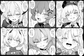 6+girls akari_(blue_archive) blue_archive blush braid choker closed_mouth collared_shirt commentary demon_girl demon_horns gourmet_research_society_(blue_archive) greyscale grin hair_between_eyes half_up_braid haruna_(blue_archive) hat heart heart-shaped_pupils highres horns izumi_(blue_archive) jacket junko_(blue_archive) kirara_(blue_archive) long_hair looking_at_viewer monochrome multiple_girls necktie nurse_cap open_mouth peaked_cap pointy_ears ribbon sena_(blue_archive) shirt short_hair sidelocks single_braid smile symbol-shaped_pupils teeth translation_request upper_teeth_only zhong_zi_sheliu