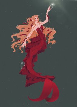 1girl adapted_costume aerith_gainsborough aerith_gainsborough_(red_dress) armlet artist_name bare_shoulders breasts brown_hair cleavage commentary dress english_commentary final_fantasy final_fantasy_vii final_fantasy_vii_remake fins fish_tail flower frills full_body gold_armlet gold_necklace grey_background hair_flower hair_ornament hair_ribbon highres jewelry long_hair medium_breasts merfolk mermaid monster_girl nail_polish necklace parted_bangs red_dress red_flower red_lips red_nails red_ribbon ribbon shanlieart sidelocks smile solo strapless strapless_dress swimming tail underwater