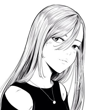 Rule 34 | 1girl, clothing cutout, commentary request, eyebrows hidden by hair, eyelashes, hair between eyes, hatching (texture), highres, jewelry, lee (dragon garou), lips, long hair, monochrome, necklace, original, parted lips, portrait, profile, shoulder cutout, solo