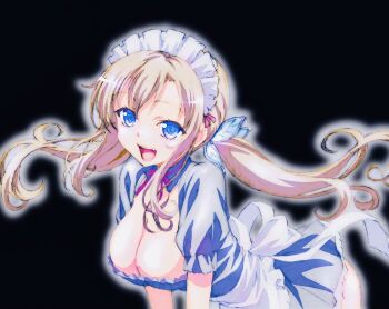 1girl apron blonde_hair blue_background blue_dress blue_eyes boku_wa_tomodachi_ga_sukunai breasts butterfly_hair_ornament cleavage commentary_request dress fang frilled_dress frills hair_ornament kashiwazaki_sena large_breasts leaning_forward long_hair looking_at_viewer maid maid_apron maid_headdress official_alternate_costume official_artist_extra open_mouth production_art short_dress short_sleeves smile solo twintails watanabe_yoshihiro white_apron