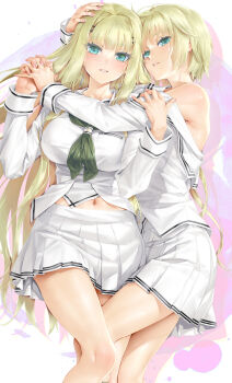 1boy 1girl aqua_eyes bishoujo_mangekyou_(series) blonde_hair blush breasts brother_and_sister crossdressing happoubi_jin highres holding_hands interlocked_fingers kannagi_yuuma kannagi_yuuri large_breasts long_hair navel neckerchief parted_lips school_uniform serafuku short_hair siblings single_bare_shoulder skirt smile white_serafuku white_skirt