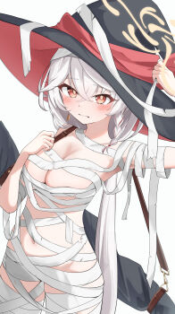 1girl absurdres blue_archive blush bow bowtie braid breasts closed_mouth eri_(blue_archive) halo hat highres large_breasts long_hair long_sleeves looking_at_viewer no_ra339 shirt solo white_hair witch_hat