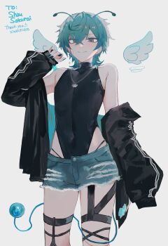 1boy alien angel bare_shoulders black_coat blue_eyes blue_hair coat denim denim_shorts detached_wings highres jewelry looking_at_viewer necklace off_shoulder shirt short_hair shorts sleeveless sleeveless_shirt solo thigh_strap torn_clothes torn_shorts wings