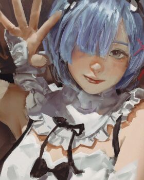 Rule 34 | 1girl, blue hair, commentary, english commentary, grey eyes, hair ornament, hair over one eye, highres, lips, maid, maid headdress, nose, pluvium grandis, re:zero kara hajimeru isekai seikatsu, rem (re:zero), roswaal mansion maid uniform, short hair, solo, x hair ornament