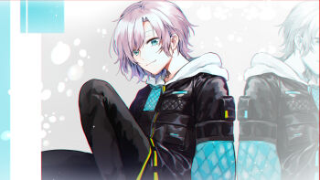 1girl black_jacket blue_eyes commentary_request highres hood hooded_jacket jacket long_sleeves nijisanji pants parted_bangs pink_hair short_hair solo uturogi8 virtual_youtuber yuuhi_riri yuuhi_riri_(5th_costume)