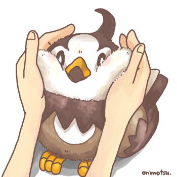 1other animal_focus artist_name bird black_eyes bright_pupils closed_mouth commentary_request full_body gen_4_pokemon light_blush looking_at_viewer nintendo onimotsu_matarou out_of_frame pokemon pokemon_(creature) pov simple_background solo_focus squeezing_cheeks starly white_background white_pupils
