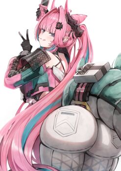 Rule 34 | 1girl, absurdres, aqua hair, arknights, ass, bekkuro, black gloves, black horns, blush, breasts, cellphone, closed mouth, commentary, cone hair bun, detached sleeves, double bun, flip phone, gloves, green tail, hair bun, hair intakes, hair ornament, hairclip, highres, holding, holding phone, horns, jacket, large breasts, long hair, long sleeves, looking back, multicolored gloves, multicolored hair, multicolored horns, pants, phone, pink gloves, pink hair, pink horns, pink jacket, pink sleeves, pink tail, pointy ears, purple eyes, simple background, smile, solo, streaked hair, thighs, tongue, tongue out, twintails, two-tone gloves, two-tone hair, two-tone horns, v, white background, white pants, yvonne (arknights)