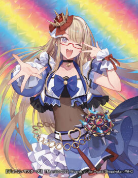 Rule 34 | 1girl, ;d, black choker, brown hair, character request, choker, collarbone, commentary request, covered navel, duel masters, glasses, hand up, heart, layered skirt, long hair, long sleeves, looking at viewer, nail polish, official art, one eye closed, open mouth, pleated skirt, puffy long sleeves, puffy sleeves, purple eyes, rainbow background, red-framed eyewear, red nails, semi-rimless eyewear, single sleeve, skirt, smile, solo, teeth, under-rim eyewear, upper teeth only, v, v over eye, very long hair, white skirt, wrist cuffs, yuko (uc yuk)