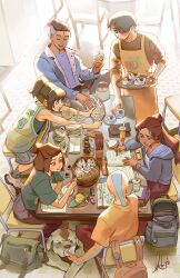 3girls aang alternate_universe appa atla_(saint_seiya) avatar:_the_last_airbender avatar_legends baby_animal backpack bag bald bird black_hair book brown_hair dog duck duckling highres katara long_hair medium_hair multiple_girls pen qrbits scar slice_of_life sokka spoon tattoo tea toph_beifong ty_lee zuko