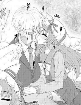 1boy 1girl absurdres animal_ears blush bow choppy_bangs closed_eyes closed_mouth collared_shirt commentary commission cropped english_commentary greyscale heart hetero highres horse_ears horse_girl horseshoe_ornament jacket long_hair long_sleeves mayoa monochrome necktie sailor_collar school_uniform screentones serafuku shirt short_hair sitting skirt smile still_in_love_(umamusume) t-head_trainer_(umamusume) thighhighs trainer_(umamusume) umamusume unfinished veil