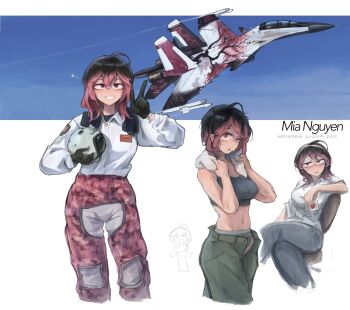 1girl aircraft airplane black_gloves black_hair blush borrowed_character camouflage camouflage_pants cargo_pants character_name cherry_tree commentary cropped_legs cup digital_camouflage dress_shirt drink drunk english_text fighter_jet flying gloves green_pants grin helmet highres holding holding_cup holding_drink holding_unworn_helmet jacket looking_at_viewer medium_hair military_vehicle multicolored_hair multiple_views open_fly original pants pilot pilot_helmet pink_eyes pink_hair pink_pants shirt sketch sky smile sports_bra star_(symbol) su-30 sweat taco_xd69 towel towel_around_neck two-tone_hair unworn_headwear unworn_helmet vietnam white_background white_jacket white_shirt