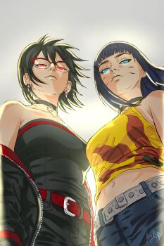 2girls alternate_breast_size_(larger) backlighting belt black_choker black_hair black_jacket black_romper blue_eyes blunt_bangs boltt28424 boruto:_two_blue_vortex boruto_(series) breasts camisole choker commentary earrings english_commentary facial_mark from_below glasses highres jacket jewelry light_smile lips medium_breasts midriff multiple_girls naruto_(series) navel red-framed_eyewear red_belt red_eyes romper strapless_romper two-sided_fabric two-sided_jacket uchiha_sarada uchiha_symbol uzumaki_himawari whisker_markings yellow_camisole