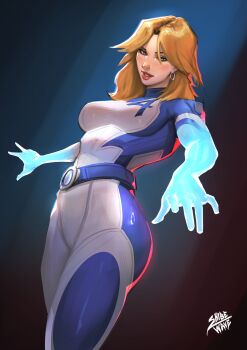 1girl absurdres artist_name belt blonde_hair blue_background blue_bodysuit blue_eyes bodysuit breasts cowboy_shot curvy earrings fantastic_four highres hoop_earrings invisible jewelry jumpsuit large_breasts long_hair looking_at_viewer marvel marvel_rivals medium_breasts multicolored_bodysuit red_background shibewave shiny_clothes smile solo sue_storm superhero_costume two-tone_bodysuit white_bodysuit wide_hips