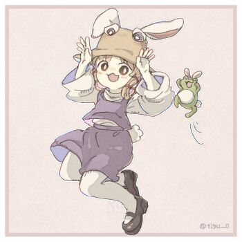 1girl animal_ear_hairband animal_ears blonde_hair border brown_hat brown_shoes chigu commentary_request fake_animal_ears frog full_body hair_ribbon hairband hat highres long_sleeves looking_at_viewer mary_janes moriya_suwako pantyhose purple_skirt purple_vest rabbit_ears rabbit_pose rabbit_tail ribbon shoes skirt skirt_set solo tail touhou tress_ribbon twitter_username vest white_pantyhose wide_sleeves