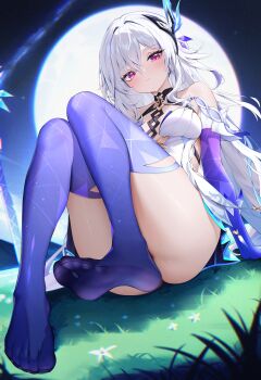 1girl absurdres bare_shoulders blush breasts butterfly_hair_ornament closed_mouth commentary dress feet genshin_impact gradient_thighhighs hair_between_eyes hair_ornament highres knees_up long_hair looking_at_viewer medium_breasts on_grass pink_eyes prosthesis prosthetic_arm prosthetic_leg purple_hands radoremo sitting skirk_(genshin_impact) soles solo thick_thighs thighs toe_seam toes very_long_hair white_dress white_hair