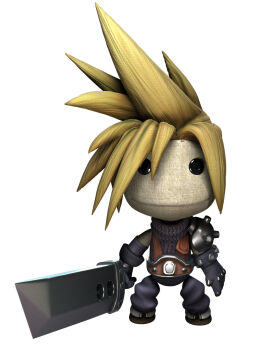 1990s_(style) 1boy 3d blonde_hair buster_sword cloud_strife cloud_strife_(cosplay) cosplay expressionless final_fantasy final_fantasy_vii full_body highres littlebigplanet looking_at_viewer male_focus official_art retro_artstyle sackboy simple_background solo spiked_hair standing sword turtleneck weapon white_background