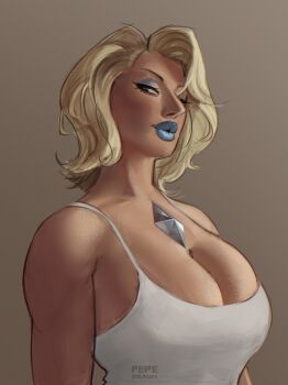 1girl aqua_eyes artist_name big_nose blonde_hair blue_eyeshadow blue_lips breasts brown_background chest_jewel cleavage commentary emma_frost english_commentary eyeshadow highres large_breasts looking_to_the_side makeup marvel marvel_rivals mature_female pepedraws photo-referenced puckered_lips short_hair solo tank_top upper_body white_tank_top x-men