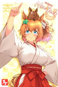 1girl animal_ears blue_eyes blush breasts chinese_zodiac closed_mouth commentary_request hair_ornament hakama hand_on_own_hip happy_new_year highres horse_ears horse_girl horse_tail japanese_clothes kaicho_(kaicho_p) kimono large_breasts looking_at_viewer miko new_year red_hakama short_hair smile solo star_(symbol) star_hair_ornament taiki_shuttle_(racehorse) taiki_shuttle_(umamusume) tail umamusume white_kimono year_of_the_horse