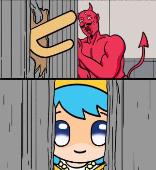 aqua_hair blue_eyes blue_hair breaking breaking_through_wall cane chibi colored_skin constricted_pupils demon demon_horns demon_tail door facial_hair goatee hand_on_wall here&#039;s_johnny!_(meme) holding holding_cane hole_in_wall horns jubilee_2025 light_blue_hair luce_(jubilee_2025) meme muscular muscular_male mustache nervous_sweating on_wall open_mouth parody pectorals pinesap3wasc pointy_ears raincoat red_skin rosary satan_(mythology) scared scene_reference screaming shaded_face smile staff sweat tail the_shining topless_male yellow_raincoat