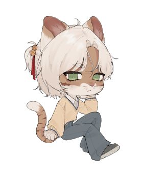 Rule 34 | :<, absurdres, ahoge, animal ears, arm support, bell, blonde hair, blue pants, cardigan, chibi, denim, furrowed brow, green eyes, grey shoes, hand on own face, highres, jeans, mari (maril33) (tiger), medium hair, non-web source, orange fur, pants, poohooyoohoo, red ribbon, ribbon, serious, shirt, shoes, sneakers, sweater, tiger, tiger boy, tiger ears, tiger stripes, white fur, white shirt