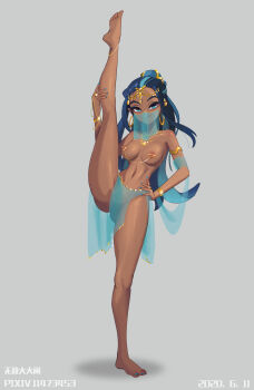 1girl 2020 absurdres arabian_clothes armlet bare_shoulders barefoot blue_eyes blue_eyeshadow blue_hair blue_nails blush bracelet breasts dancer dark-skinned_female dark_skin dated earrings eyeshadow feet female_focus gradient_background gym_leader hair_bun harem_outfit highres hoop_earrings indian_clothes jewelry kneepits licking_lips linked_piercing loincloth long_hair looking_at_viewer makeup medium_breasts midriff mouth_veil multicolored_hair nail_polish navel nessa_(pokemon) nintendo nipple_chain nipple_piercing nipples parted_lips piercing pixiv_id pokemon pokemon_swsh revealing_clothes seductive_smile see-through_clothes single_hair_bun smile soles solo split standing standing_on_one_leg standing_split toenail_polish toenails toes tongue tongue_out two-tone_hair veil wudidadanao