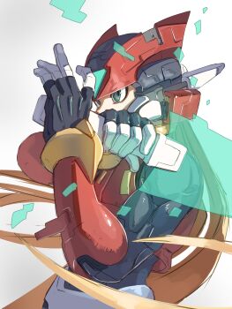 1boy absurdres armor black_eyes blonde_hair commentary_request cowboy_shot energy_sword forehead_jewel helmet highres holding holding_sword holding_weapon long_hair male_focus mega_man_(series) mega_man_zero_(series) omochi_(mochi_skymega) red_armor red_helmet simple_background solo sword weapon white_background z_saber zero(z)_(mega_man) zero_(mega_man)