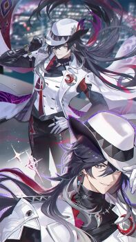 Rule 34 | 1boy, adjusting clothes, adjusting headwear, arm belt, ashveil (honkai: star rail), black hair, bracelet, bright pupils, clothing cutout, commentary request, eye print, fedora, fractalmagnolia, grey eyes, hat, honkai: star rail, honkai (series), jacket, jewelry, long hair, male focus, necklace, pants, tooth necklace, very long hair, vest, waistcoat