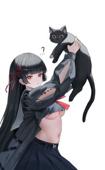 ...? 1girl animal arm_cutout black_hair black_jacket black_skirt breasts chisa_(wuthering_waves) clothing_cutout commentary from_side hair_ribbon hashtag-only_commentary highres holding holding_animal jacket long_hair looking_at_viewer looking_to_the_side medium_breasts mole mole_under_eye navel parted_lips red_eyes red_ribbon ribbon simple_background skirt solo stomach tacet_mark_(wuthering_waves) underboob white_background wuthering_waves yuridango