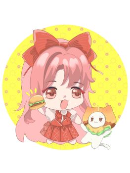 Rule 34 | 1girl, :3, absurdly long hair, ahoge, alternate color, animal, argyle background, argyle clothes, argyle skirt, back bow, barefoot, border, bow, bowtie, brown cloak, brown eyes, burger, cat, center frills, chibi, chinese commentary, circle, cloak, closed mouth, clothed animal, commentary request, cqmuzimian, dot nose, ear covers, eyelashes, floral background, floral memory (infinity nikki), food, food costume, frilled sleeves, frills, hair bow, happy, high-waist skirt, highres, holding, holding food, holding hands, hood, hood up, hooded cloak, infinity nikki, kfc, long hair, long skirt, looking ahead, momo (nikki), nikki (nikki), nikki (series), notice lines, official alternate costume, open mouth, outside border, pink hair, pleated skirt, pom pom (clothes), red bow, red bowtie, red skirt, shirt, short sleeves, skirt, smile, standing, striped bow, very long hair, white border, white cat, white shirt, yellow background