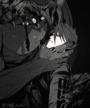 2boys armor artist_name bare_shoulders black_background closed_eyes collarbone couple dark dark_background drooling extra_eyes eyes_visible_through_hair fangs fingernails formal_clothes from_side greyscale hair_between_eyes hair_over_one_eye hand_around_neck hand_on_another's_cheek hand_on_another's_chin hand_on_another's_face hand_on_another's_head hand_on_another's_neck head_back height_difference interspecies jacket japanese_armor kote long_tongue looking_at_another male_focus male_saniwa_(touken_ranbu) military military_uniform monochrome monster monster_boy multiple_boys muscular muscular_male non-human_saniwa_(touken_ranbu) ookanehira_(touken_ranbu) open_mouth parted_lips pauldrons pectorals photoshop_(medium) saliva saliva_trail saniwa_(touken_ranbu) sexy_kaido sharp_teeth short_hair shoulder_armor sideburns signature simple_background size_difference smile sode spiked_hair tabi teeth toned toned_male tongue tongue_out topless_male torn_clothes touken_ranbu twitter_username unconscious upper_body veins veiny_arms yaoi