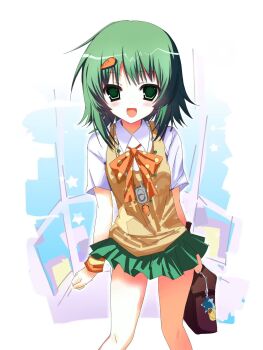 1girl 2000s_(style) bag bow bowtie bracelet brown_bag carrot_hair_ornament charm_(object) collared_shirt commentary english_commentary food-themed_hair_ornament green_eyes green_hair green_skirt gumi hair_ornament highres holding holding_bag i_can't_wait_(synthesizer_v) jewelry light_blush naivefatei_(nemui) necklace open_mouth orange_bow orange_bowtie pleated_skirt polka_dot polka_dot_bow polka_dot_bowtie shirt short_hair skirt smile solo star_(symbol) star_print synthesizer_v vest vocaloid white_shirt yellow_vest
