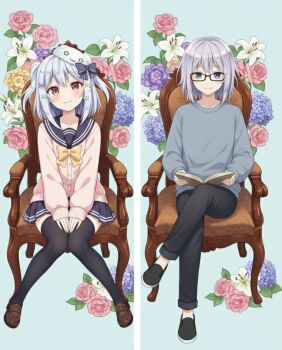 2boys aqua_background black_pants black_shoes black_thighhighs blue_hair blue_sailor_collar blue_skirt blue_sweater blush book bow bowtie brown_shoes buttons cardigan chair character_request collarbone copyright_request crossdressing crossdressing_(mtf) crossed_legs daisy_(flower) flower glasses green_bow hair_bow holding holding_book inuyama_tamaki isakaakasimk34 knees_together_feet_apart loafers male_focus medium_hair miniskirt multiple_boys multiple_hair_bows noripro on_chair pants pink_bow pink_cardigan pleated_skirt purple_eyes purple_hair red_eyes rose sailor_collar school_uniform shoes sitting skirt smile split_screen striped_bow sweater thighhighs trap two-tone_bow virtual_youtuber white_bow yellow_bow yellow_bowtie zettai_ryouiki