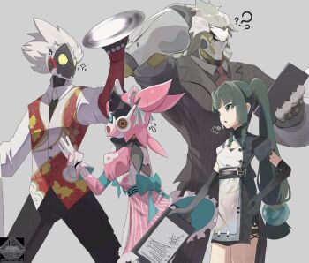 2boys 2girls ? absurdres alternate_costume android aria_(robot)_(zenless_zone_zero) aria_(zenless_zone_zero) banyue_(zenless_zone_zero) billy_kid black_gloves black_jacket black_pants black_sclera blue_eyes china_dress chinese_clothes clothed_robot colored_sclera commentary_request dress elbow_gloves flying_sweatdrops gloves green_hair grey_background grey_hair hair_ornament highres holding holding_tray humanoid_robot jacket long_hair looking_at_another maid multiple_boys multiple_girls necktie open_mouth pants pink_dress qingyi_(zenless_zone_zero) red_necktie robot robot_boy robot_girl simple_background sparkle sphere_hair_ornament spiked_hair tray twintails white_hair yellow_eyes zenless_zone_zero zeroartwo