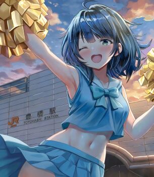 1girl ;d ahoge aichi_prefecture artist_name blue_bow blue_bowtie blue_eyes blue_hair blue_shirt blue_skirt blue_sky bow bowtie breasts cheerleader cloud cloudy_sky commentary_request crop_top detached_sleeves highres holding holding_pom_poms make_heroine_ga_oo_sugiru! medium_breasts medium_hair midriff navel one_eye_closed open_mouth outdoors pom_pom_(cheerleading) pom_poms real_world_location sailor_collar shirt skirt sky sleeveless sleeveless_shirt smile solo staryume sunset teeth toyohashi upper_body upper_teeth_only white_sailor_collar yanami_anna