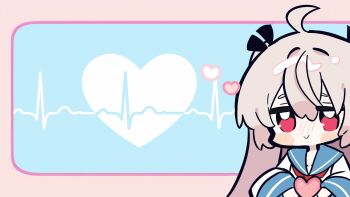 1girl ahoge ami_b1196260828 ascot atri atri-my_dear_moments- black_ribbon blue_background blue_sailor_collar blush blush_stickers border brown_hair chibi chibi_only chinese_commentary commentary_request double-parted_bangs dress eyebrows_hidden_by_hair hair_between_eyes hair_ribbon heart heartbeat highres holding holding_heart long_hair looking_at_viewer nose_blush outside_border pink_border red_ascot red_eyes ribbon sailor_collar sailor_dress simple_background solo upper_body white_dress