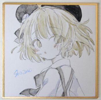 Rule 34 | 1girl, absurdres, beret, black bow, black hat, blush, bow, brown eyes, brown hair, collared shirt, commentary request, flower, hair flower, hair ornament, hat, hatoba tsugu, highres, parted lips, photo (medium), sha2mo, shikishi, shirt, signature, solo, suspenders, traditional media, tsugu (vtuber), virtual youtuber, white flower, white shirt