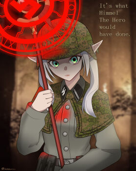 1girl alternate_costume breasts camouflage camouflage_helmet capelet closed_mouth elf frieren green_eyes grey_hair helmet highres holding holding_staff koalakanru long_hair long_sleeves looking_at_viewer nazi pointy_ears reichsadler runes siegrunen solo sousou_no_frieren ss_insignia ss_uniform staff swastika talking twintails waffen-ss white_hair