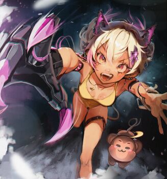 1girl :3 absurdres ahoge animal_ears axel_(koko_d._nuts) bandaid bandaid_on_face bandaid_on_nose blonde_hair breasts cat_ears cat_girl clawing claws closed_mouth commentary cyborg dark-skinned_female dark_skin earrings english_commentary eyelashes fangs fingernails hair_ornament highres indie_virtual_youtuber jewelry koko_d._nuts leotard monkey monkey_ears monkey_girl motion_blur multicolored_hair multiple_animal_ears nail_polish open_mouth pink_hair purple_nails scar scar_across_eye scar_on_face short_hair small_breasts smile sparkle teeth thigh_strap two-tone_hair v-shaped_eyebrows virtual_youtuber yellow_leotard z_danvers