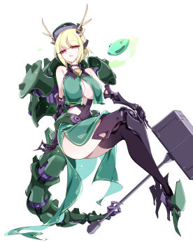 1girl absurdres antlers armor bare_shoulders blonde_hair breasts china_dress chinese_clothes cleavage cleavage_cutout clothing_cutout covered_navel dragon_girl dragon_horns dragon_tail dress green_armor green_dress green_tail hammer high_heels highres holding holding_hammer holding_with_tail horns kicchou_yachie large_breasts looking_at_viewer mechanical_arms mechanical_legs mechanical_tail prehensile_tail raptor7 red_eyes short_hair simple_background skin_tight solo tail thighs touhou white_background