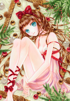 1girl ankle_bow ankle_ribbon aqua_eyes babydoll barefoot bow branch breasts brown_hair christmas_ornaments cleavage closed_mouth collarbone commentary english_commentary eyelashes fetal_position hair_bow hair_spread_out halcho highres leg_ribbon lingerie long_hair looking_at_viewer lying marker_(medium) medium_breasts on_side original picture_frame pinecone pink_babydoll red_bow red_ribbon ribbon solo traditional_media underwear very_long_hair wispy_bangs