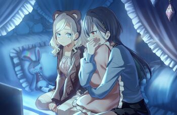 2girls animal_ear_hairband animal_ears bear_ear_hairband bear_ears bed black_shorts blue_eyes blue_sweater breasts brown_camisole brown_cardigan brown_shorts brown_thighhighs camisole canopy_bed cardigan ceras_yanagida_lilienfeld closed_mouth covering_own_mouth fake_animal_ears frilled_pillow frills fur-trimmed_shorts fur_trim game_cg grey_hair hair_ornament hairband hand_over_own_mouth highres hugging_object indoors jellyfish_cut katsuragi_izumi link!_like!_love_live! long_hair looking_at_another love_live! medium_breasts multiple_girls non-web_source official_alternate_costume official_art on_bed open_cardigan open_clothes orange_eyes pillow profile scared shorts slit_pupils striped_clothes striped_thighhighs stuffed_animal stuffed_rabbit stuffed_toy sweater thighhighs triangle_hair_ornament virtual_youtuber