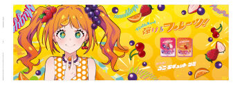 1girl bare_shoulders candy cherry earrings food food-themed_hair_ornament fruit grape_hair_ornament green_eyes hair_ornament highres idolmaster jewelry lam_(ramdayo) long_hair necklace orange_background orange_hair smile solo strawberry takatsuki_yayoi twintails