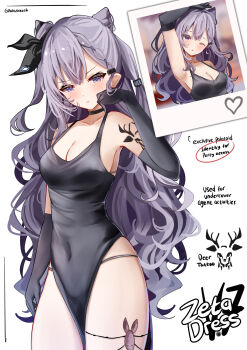 1girl absurdres alternate_costume arm_at_side arm_tattoo arm_up armpits black_dress black_gloves black_panties black_ribbon blush breasts character_name choker cleavage closed_mouth cocktail_dress collarbone commentary cone_hair_bun covered_navel cowboy_shot double_bun dress elbow_gloves english_commentary english_text eyelashes gloves grey_hair hair_behind_ear hair_between_eyes hair_bun hair_ribbon hand_up highleg highres hololive hololive_indonesia large_breasts long_hair looking_at_viewer panties parted_lips pelvic_curtain photo_(object) purple_eyes ribbon rokusketch roman_numeral sideboob simple_background single_sidelock solo string_panties tattoo thighs tsurime twitter_username underwear very_long_hair vestia_zeta virtual_youtuber white_background
