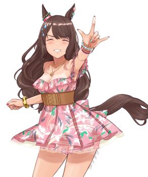 absurdres animal_ears bare_shoulders bracelet closed_eyes dress highres horse_ears horse_girl horse_tail jewelry kawashina_(momen_silicon) off-shoulder_dress off_shoulder official_alternate_hairstyle pink_dress smile solo tail tosen_jordan_(aurore_vacances)_(umamusume) tosen_jordan_(umamusume) umamusume white_background