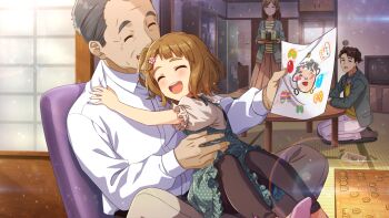 2boys 2girls :d ^_^ aged_down blush brown_hair brown_pantyhose card_commentary chair child closed_eyes commentary_request drawing_(object) dress family game_asset grandfather_and_granddaughter green_dress hair_ornament hairclip holding holding_drawing holding_paper hug idolmaster idolmaster_million_live! idolmaster_million_live!_theater_days indoors long_sleeves miyao_miya multiple_boys multiple_girls official_art old old_man on_chair open_mouth pantyhose paper polka_dot polka_dot_dress shirt short_hair short_sleeves sitting sitting_on_lap sitting_on_person smile thick_eyebrows third-party_source white_shirt
