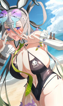 1girl @_@ absurdres animal_ears bare_shoulders beach black_one-piece_swimsuit blue_sky blush breasts cleavage detached_collar detached_sleeves eyewear_on_head fake_animal_ears fate/grand_order fate_(series) grey_hair hair_between_eyes hair_ornament hair_rings hairclip highleg highleg_one-piece_swimsuit highres huyan_zhuo_(fate) huyan_zhuo_(swimsuit_berserker)_(fate) large_breasts long_hair looking_at_viewer low_twintails navel necktie nyuusankin_hirota_kabu one-piece_swimsuit open_mouth plunging_neckline purple_eyes shore sky smile solo sunglasses swimsuit tearing_up thick_thighs thighs twintails very_long_hair